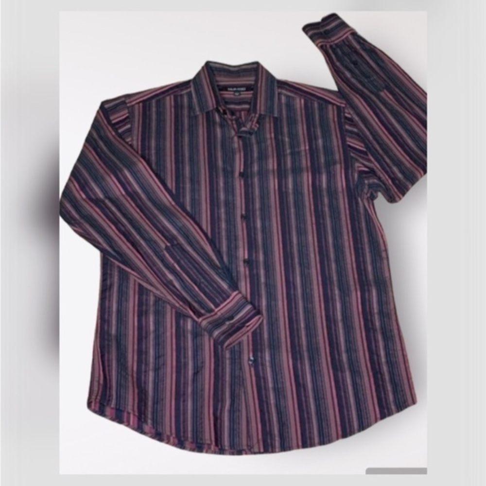 Murano Purple & Black Striped Casual Long Sleeve Button Front Collared Shirt M